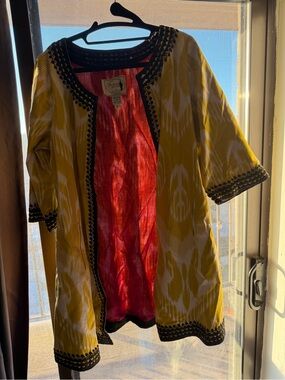 Yellow Patterned Women's Tunic Jacket with Black Trim